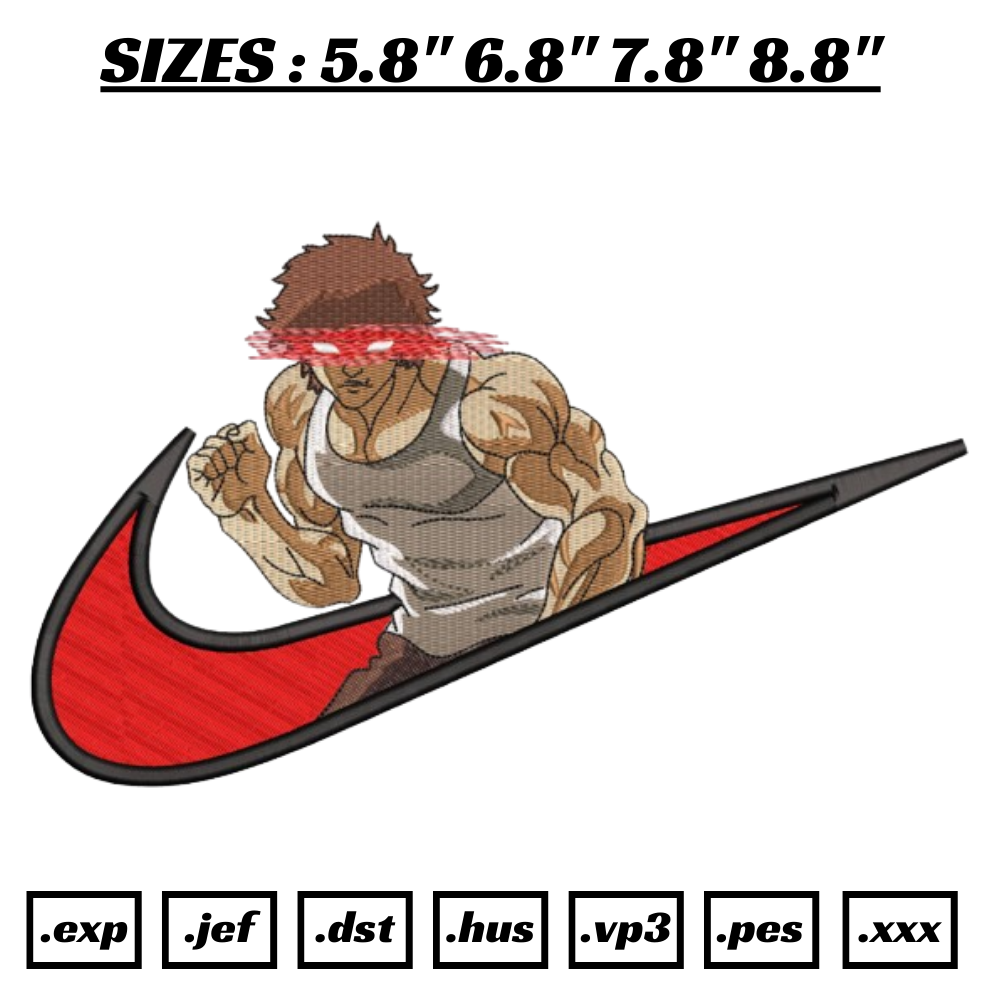 Baki Hanma embroidery design, Baki embroidery, Nike design, anime design, embroidery file, anime shirt, Digital download